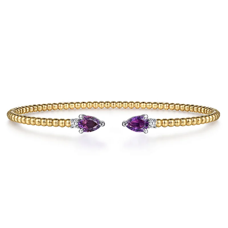 Metal Bangles for Sturdy Build-14K White Yellow Gold Bujukan Open Cuff Bracelet with Amethyst and Diamond End Caps