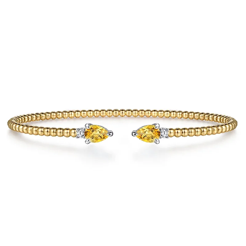 Carved Bangles for Artistic Design-14K White Yellow Gold Bujukan Open Cuff Bracelet with Citrine and Diamond End Caps