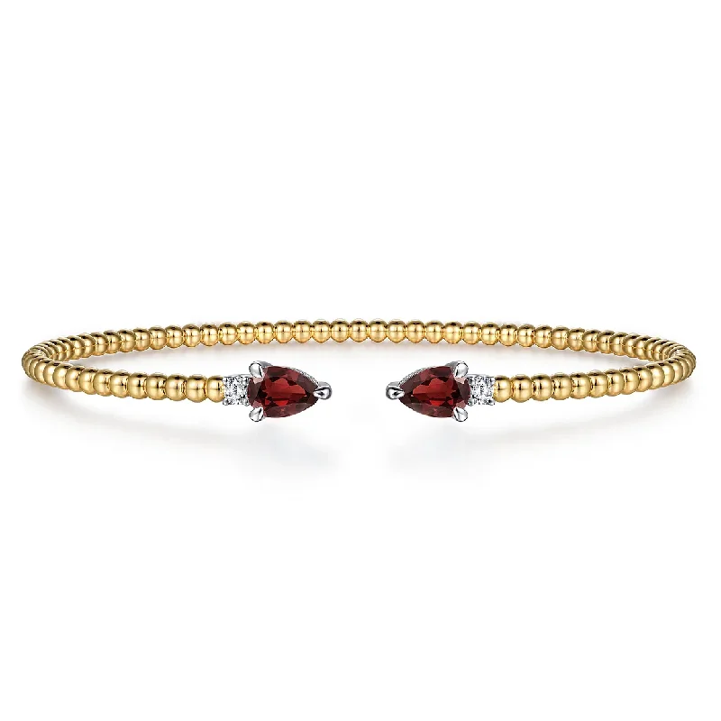 Charm Bracelets for Personalized-14K White Yellow Gold Bujukan Open Cuff Bracelet with Garnet and Diamond End Caps