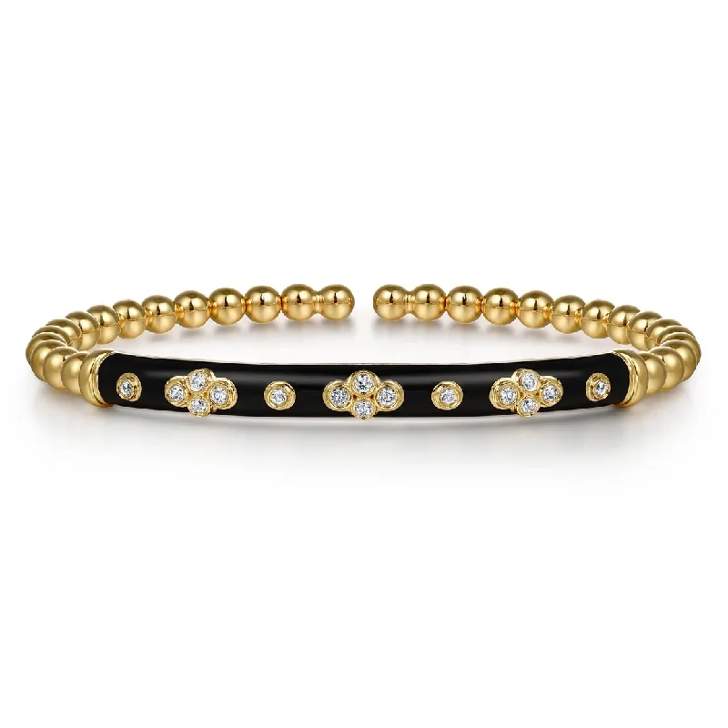 Valentine's Bracelets for Loving-14K Yellow Gold Bujukan Beads and Diamond Split Bangle Bracelet with Black Enamel