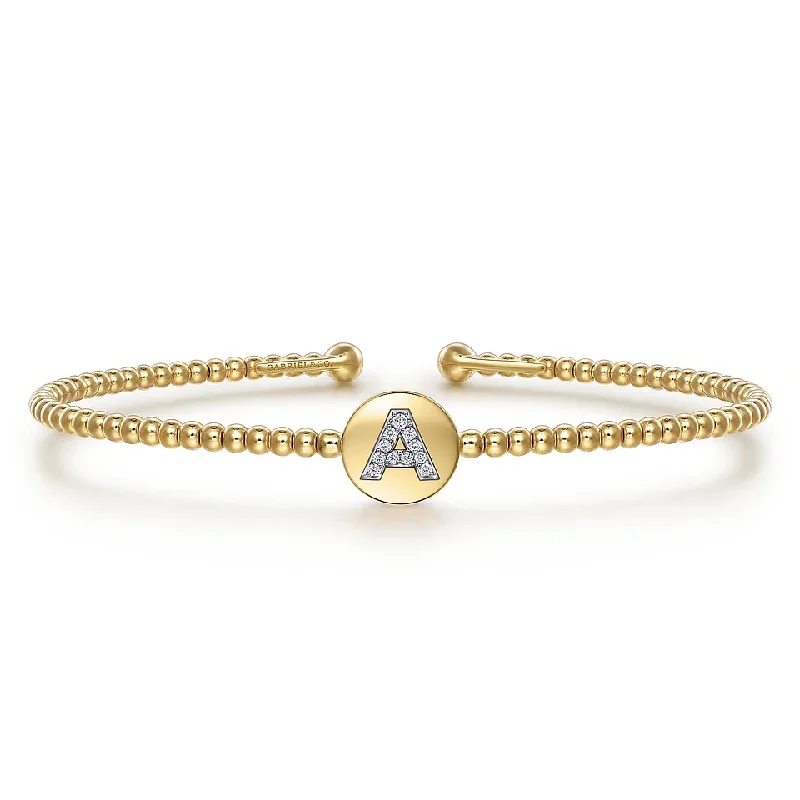 Cuff Bracelets for Statement Look-14K Yellow Gold Round A Initial Diamond Bujukan Cuff Bracelet