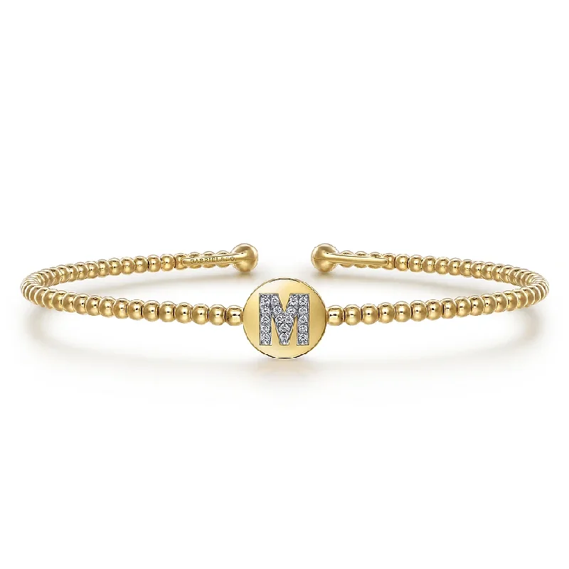 Stretch Bracelets for Easy On-14K Yellow Gold Round M Initial Diamond Bujukan Cuff Bracelet