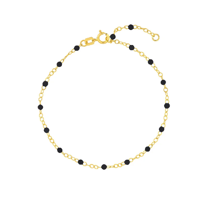 Wide Bracelets for Bold Look-14K Yellow Gold Black Enamel Beads & Piatto Chain Bracelet