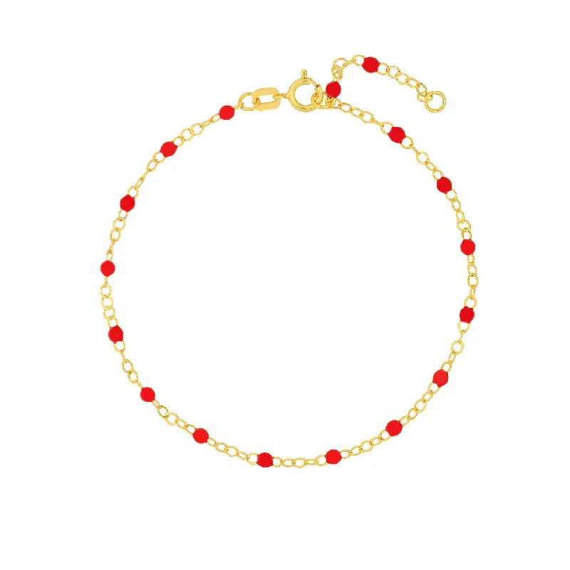 Round Bracelets for Classic-14K Yellow Gold Red Enamel Beads & Piatto Chain Bracelet