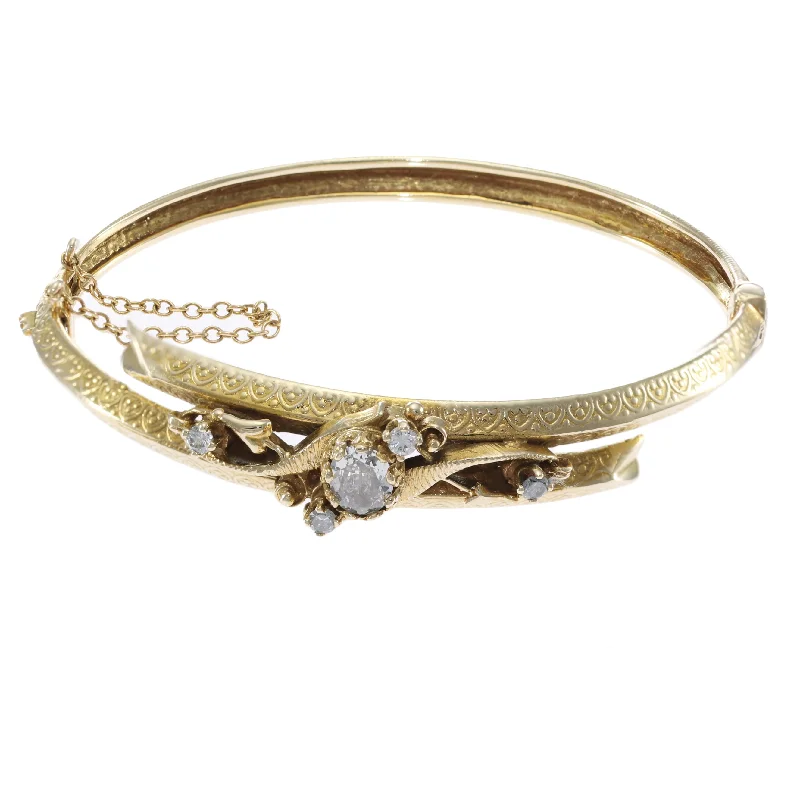 Oval Bracelets for Flattering-1880s Antique Victorian Oval Diamond Bangle Bracelet 14k Yellow Gold 1.2CTW 6.75