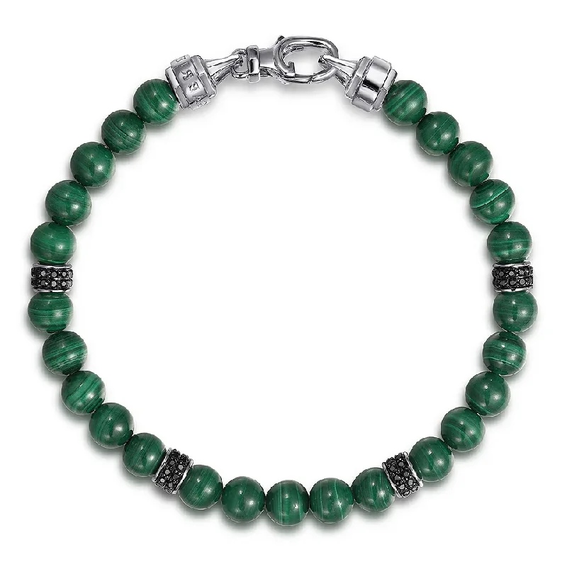 Gym Bangles for Active-925 Sterling Silver 6mm Black Spinel and Malachite Beaded Bracelet