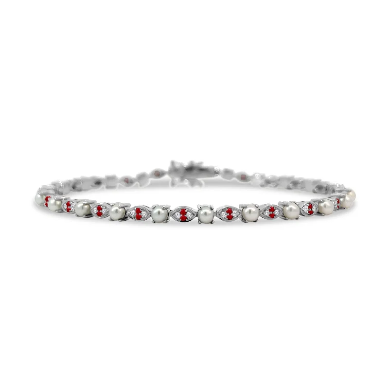 School Bracelets for Students-Alternating Pearl & Gemstone Tennis Bracelet