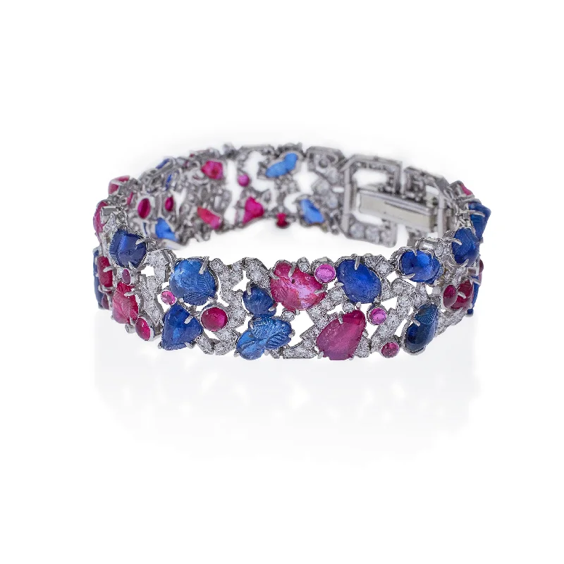 Flower-Shaped Bracelets for Delicate-Carved Ruby, Sapphire and Diamond Tutti Frutti Strap Bracelet