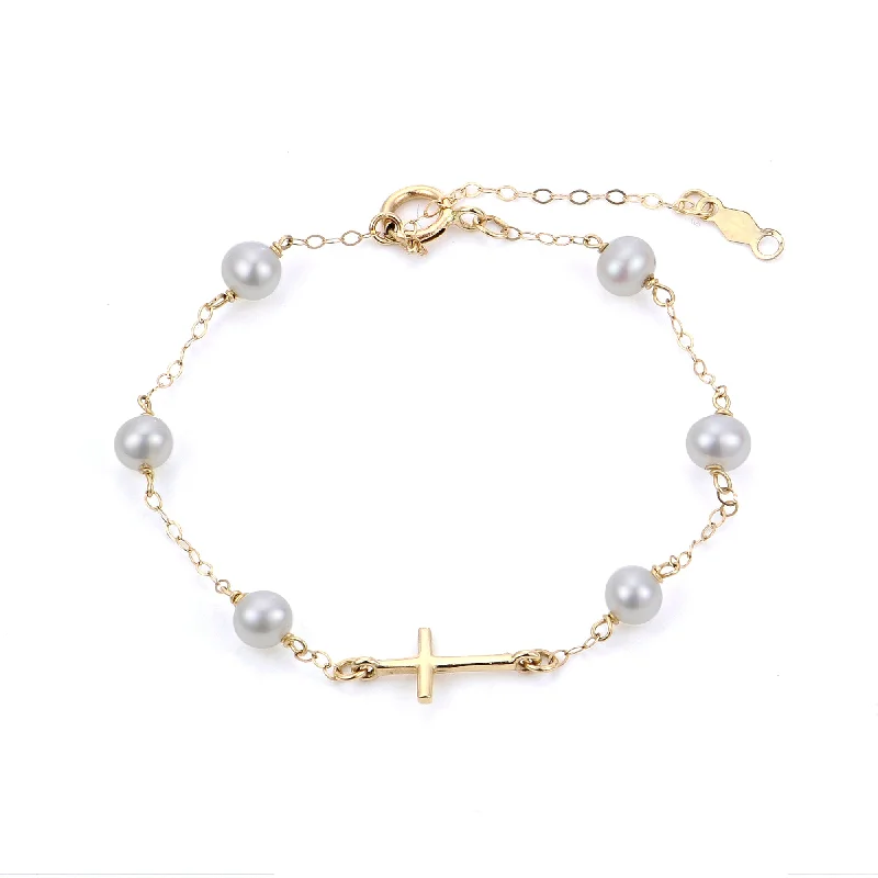 Anniversary Bangles for Romantic-Child 4mm Freshwater Pearl Cross Station 14K Yellow Gold Bracelet