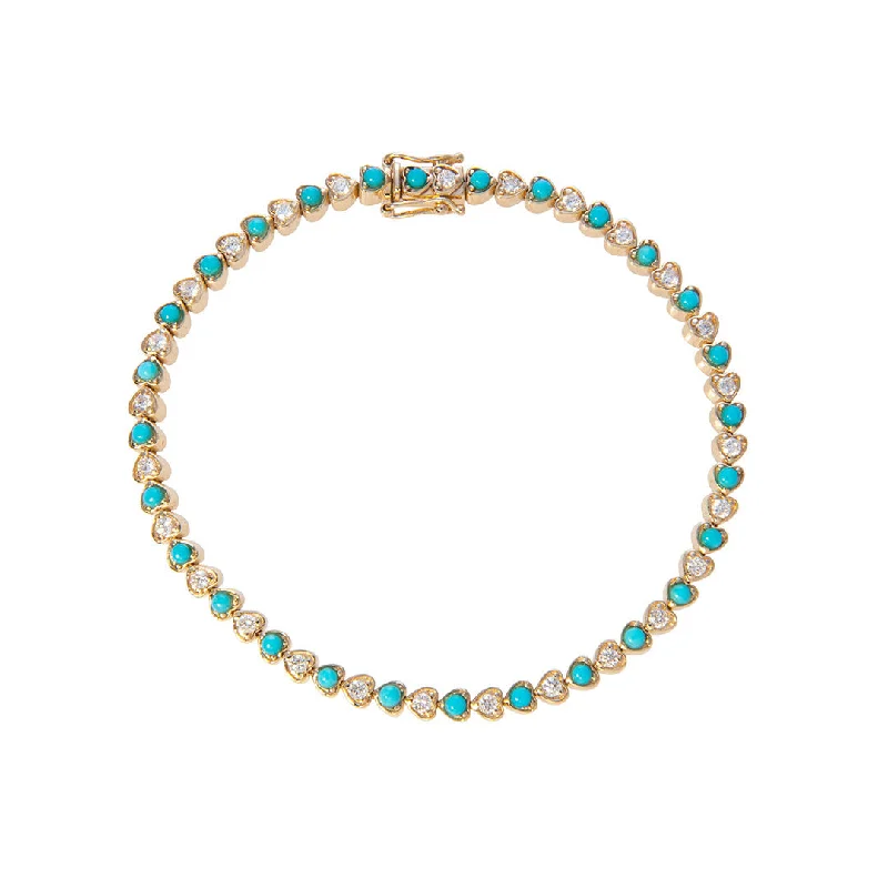 School Bracelets for Students-Diamond & Turquoise Heart 14K Yellow Gold Tennis Bracelet