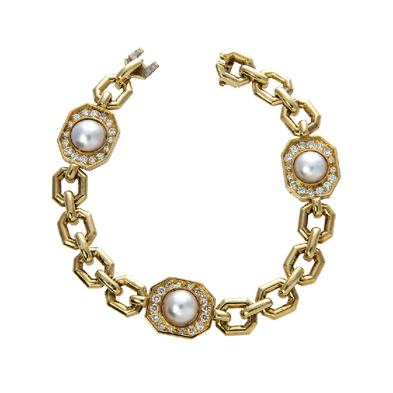 Stretch Bracelets for Easy On-Estate Pearl & Diamond 18K Yellow Gold Link Bracelet