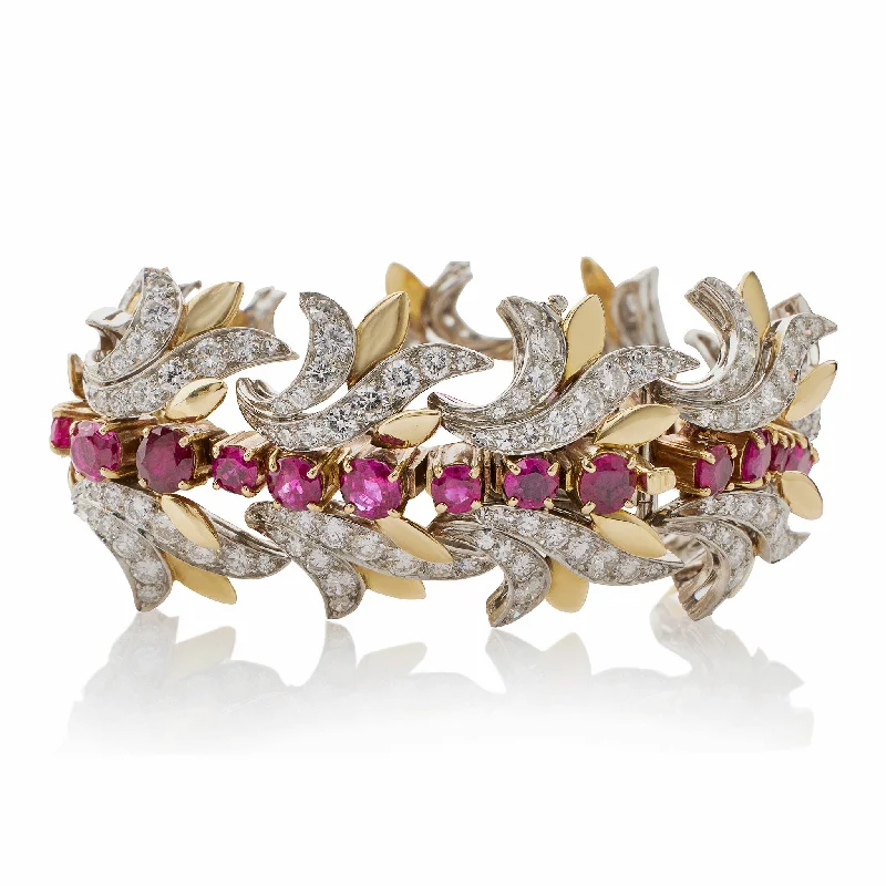 Porcelain Bracelets for Elegant-Tiffany & Co. Burmese Ruby and Diamond Leaf Bracelet